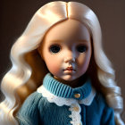 Detailed digital illustration of doll with blonde curls and blue sweater.