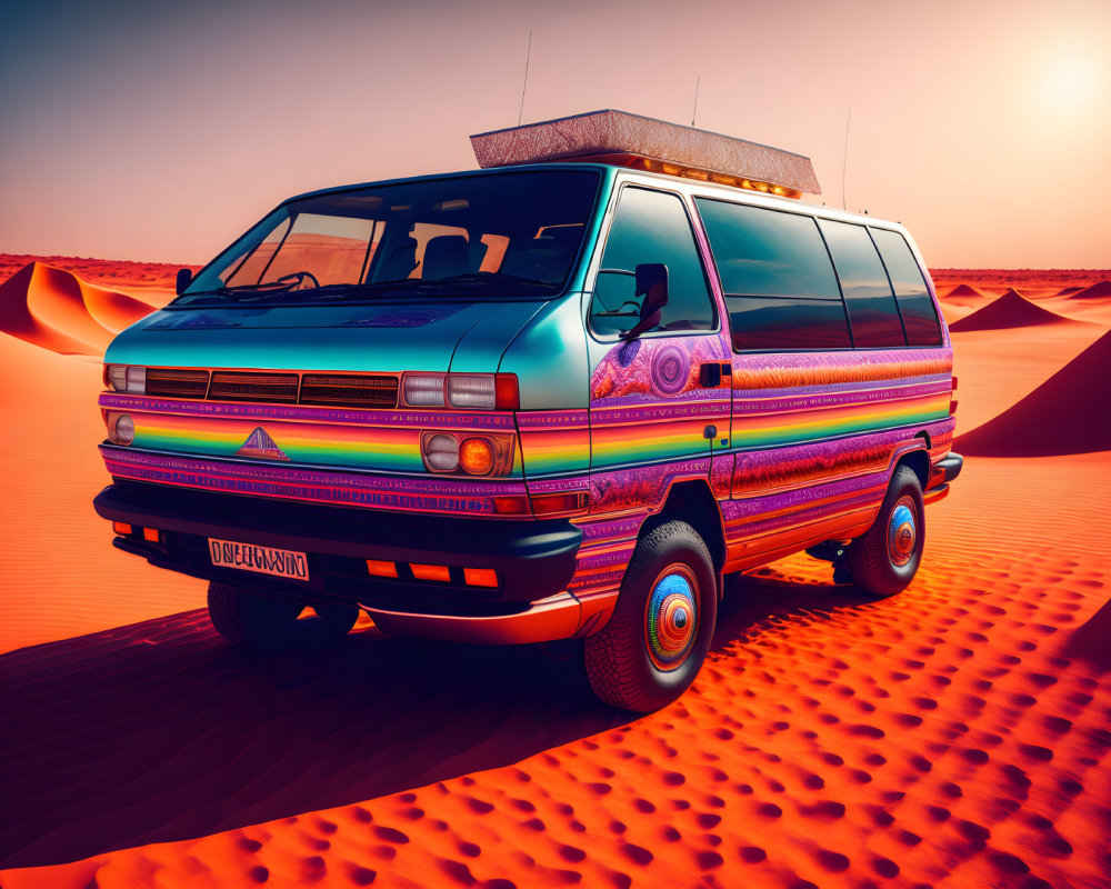 Colorful Psychedelic Design Van Parked on Desert Dune