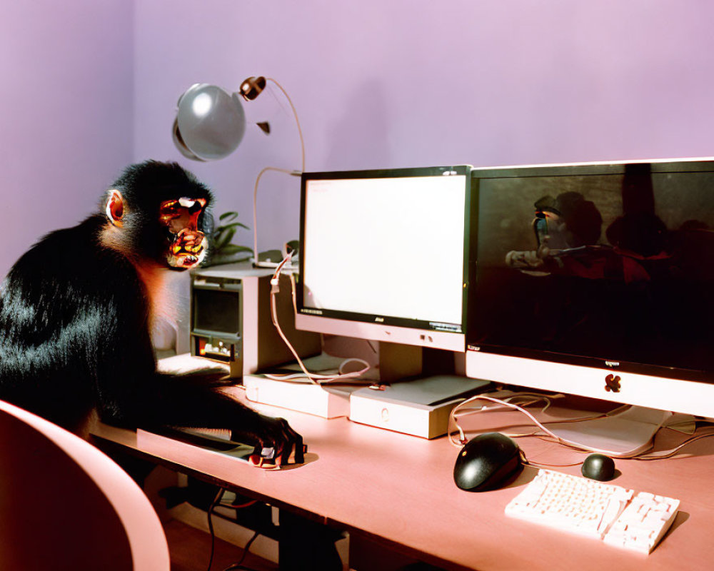 Chimpanzee at Desk with Computer Monitors and Lamp in Purple Room