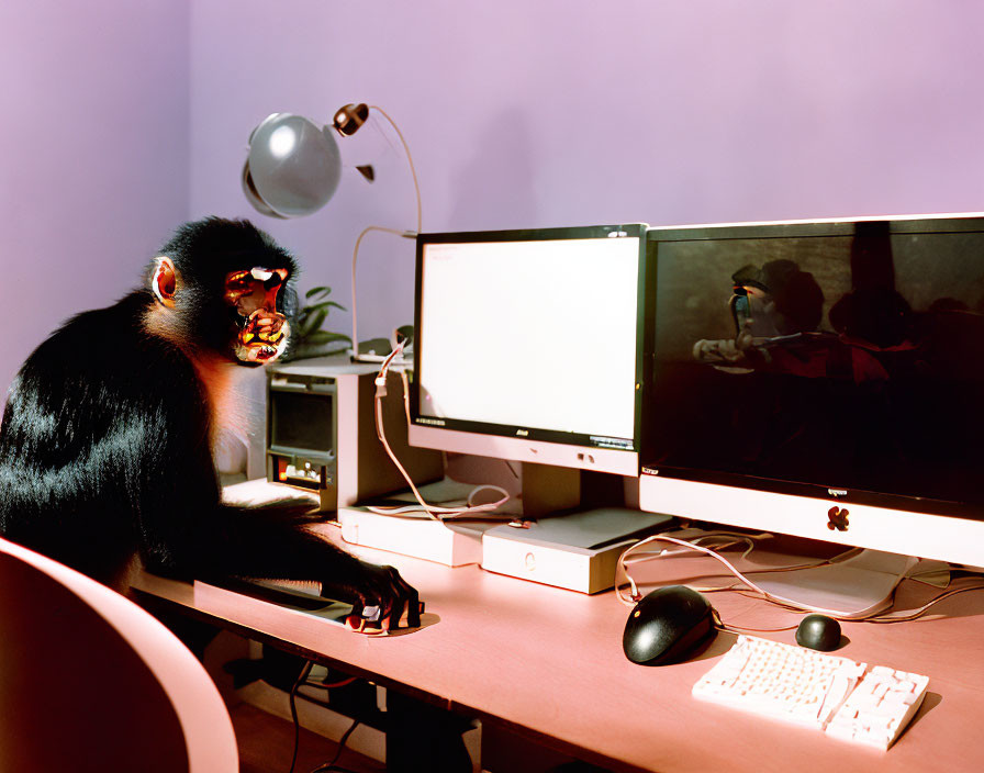 Chimpanzee at Desk with Computer Monitors and Lamp in Purple Room