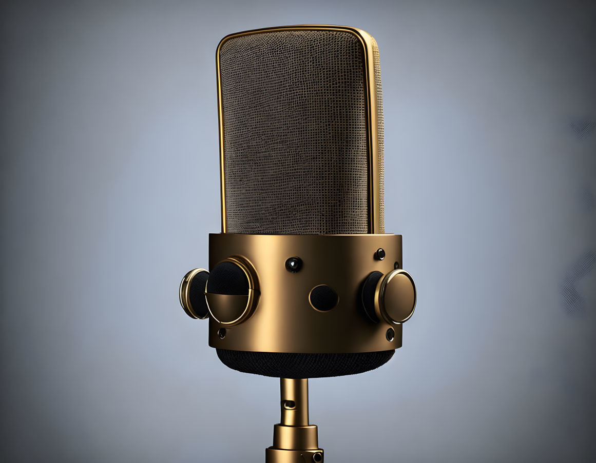 Vintage-Style Gold and Black Studio Microphone on Gradient Blue Background