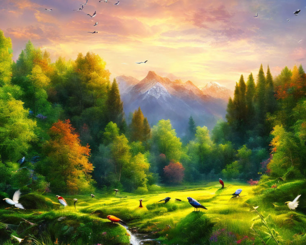 Scenic landscape with stream, colorful trees, birds, and mountains at sunrise/sunset