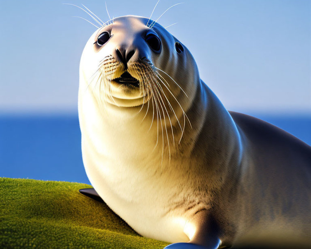 3D-rendered seal with large eyes on green surface against blue background