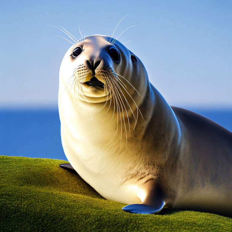 3D-rendered seal with large eyes on green surface against blue background