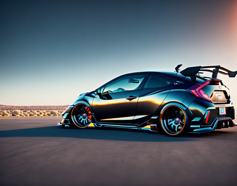 Custom Black Sports Car with Colorful Reflections on Empty Road at Dusk