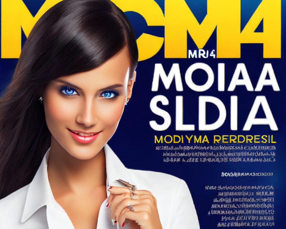 Magazine Cover: Woman with Blue Eyes & Brunette Hair in White, Foreign Script & Social Media