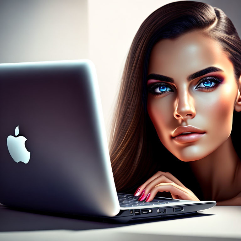 Digital illustration: Woman with striking makeup and laptop showing apple logo