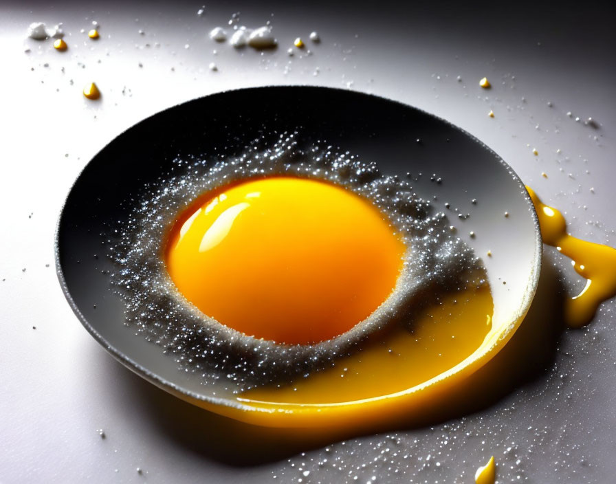 Cracked raw egg with vibrant yolk on grey surface.