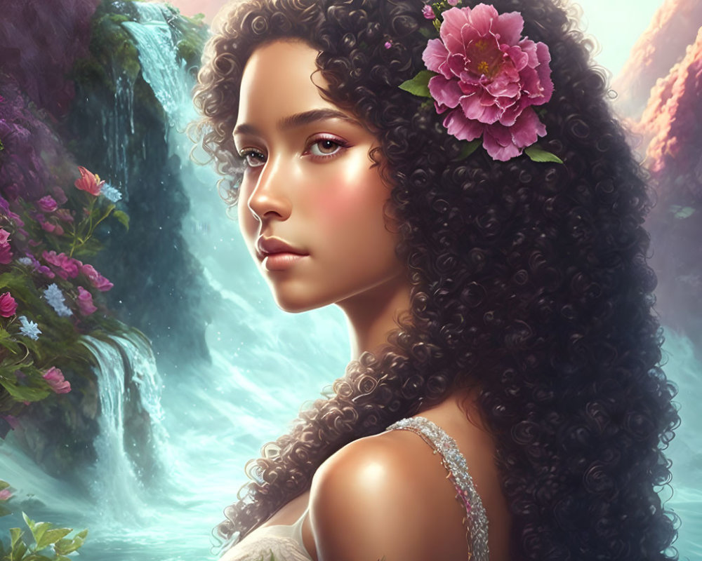 Digital portrait of woman with curly hair and pink flower, surrounded by waterfalls and blooming flowers