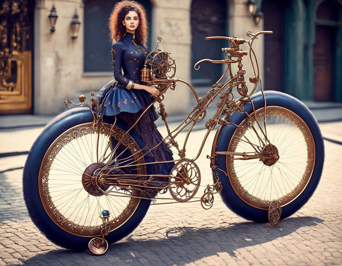 Victorian woman with steampunk bicycle in historic urban scene