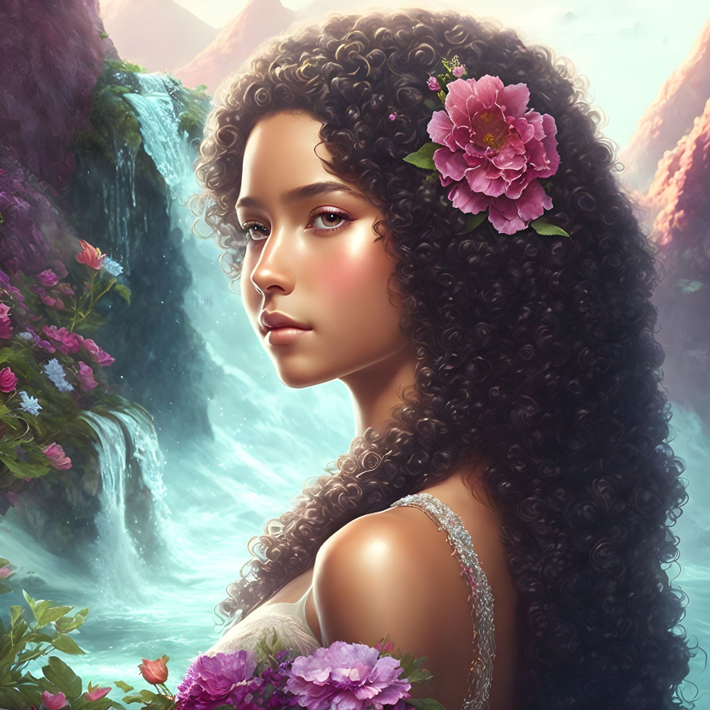 Digital portrait of woman with curly hair and pink flower, surrounded by waterfalls and blooming flowers