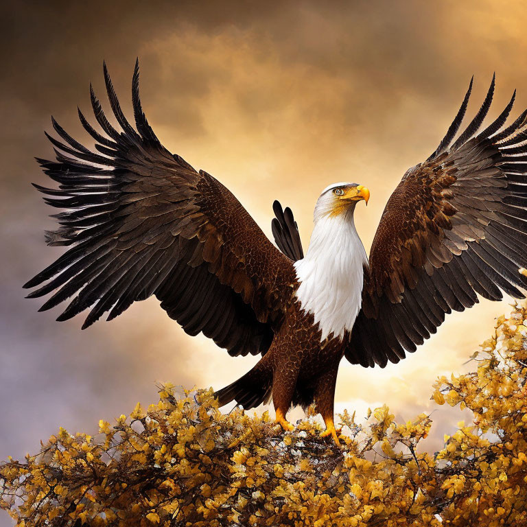 Bald eagle with outstretched wings on bush with yellow flowers under dramatic sky