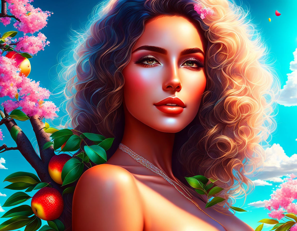 Digital artwork of woman with curly hair among pink blossoms and apple branches under blue sky