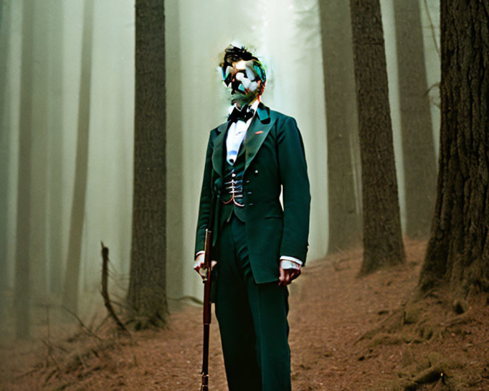 Mysterious figure in green suit and mask with cane in misty pine forest