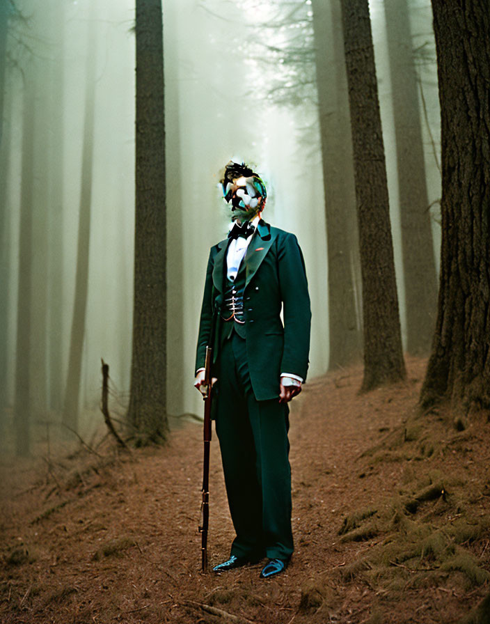 Mysterious figure in green suit and mask with cane in misty pine forest