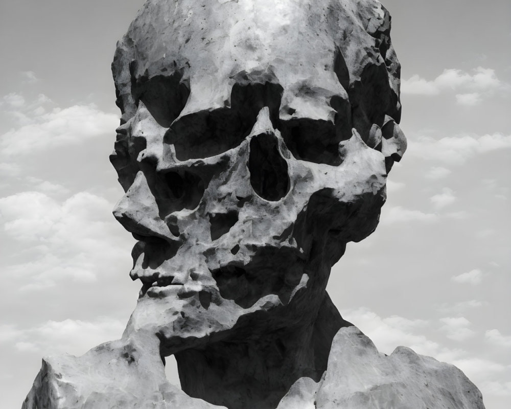 Large Textured Human Skull Sculpture Against Cloudy Sky