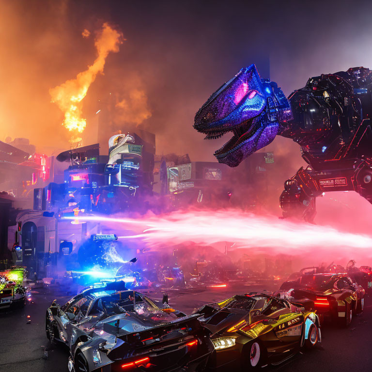 Robotic dinosaur breathing fire in futuristic cityscape.