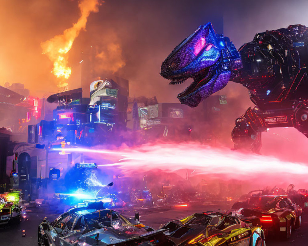 Robotic dinosaur breathing fire in futuristic cityscape.