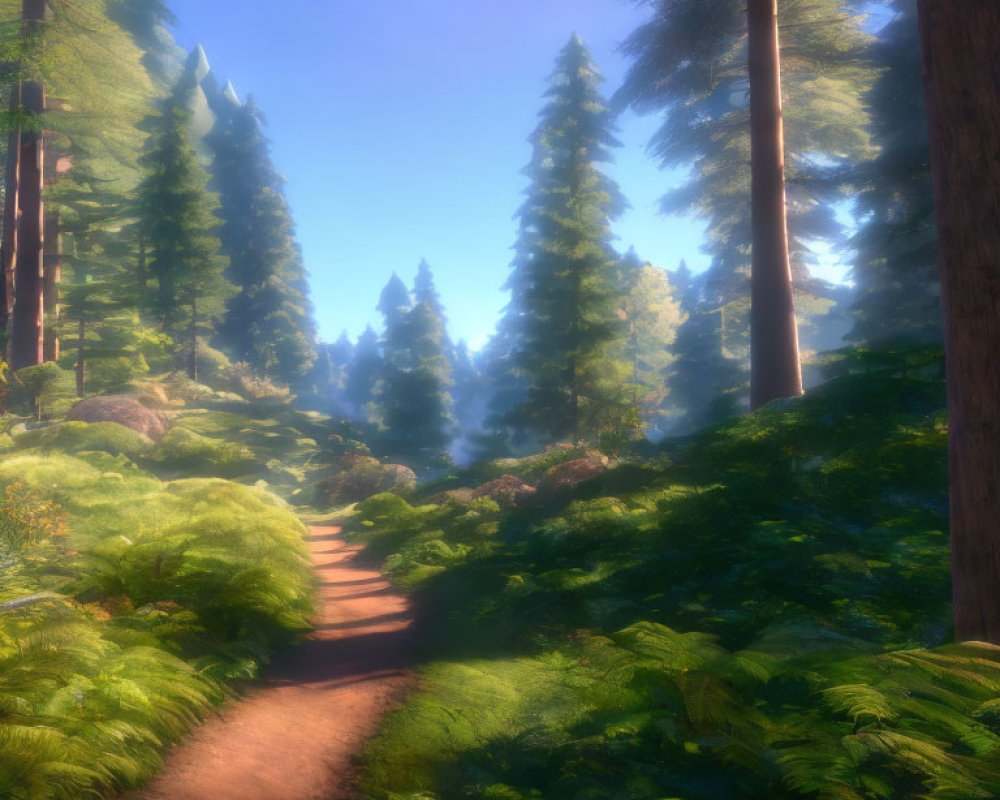 Tranquil forest path with lush ferns and towering pine trees