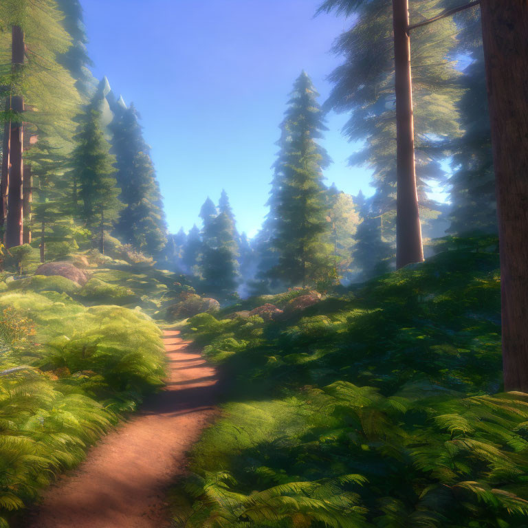 Tranquil forest path with lush ferns and towering pine trees