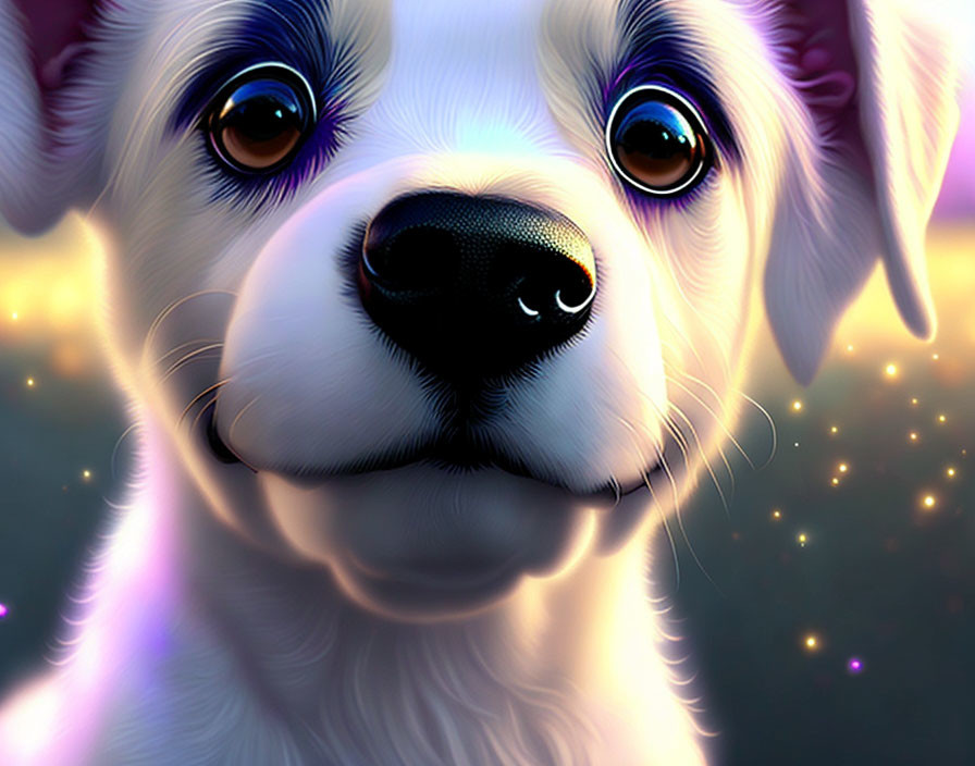 Realistic digitally created puppy with expressive blue eyes and white/gray fur on sparkling backdrop