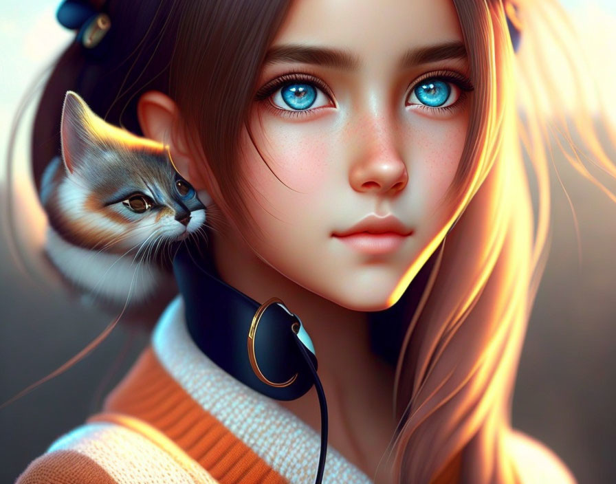 Digital Artwork: Girl with Blue Eyes, Blonde Hair, Headphones, and Kitten