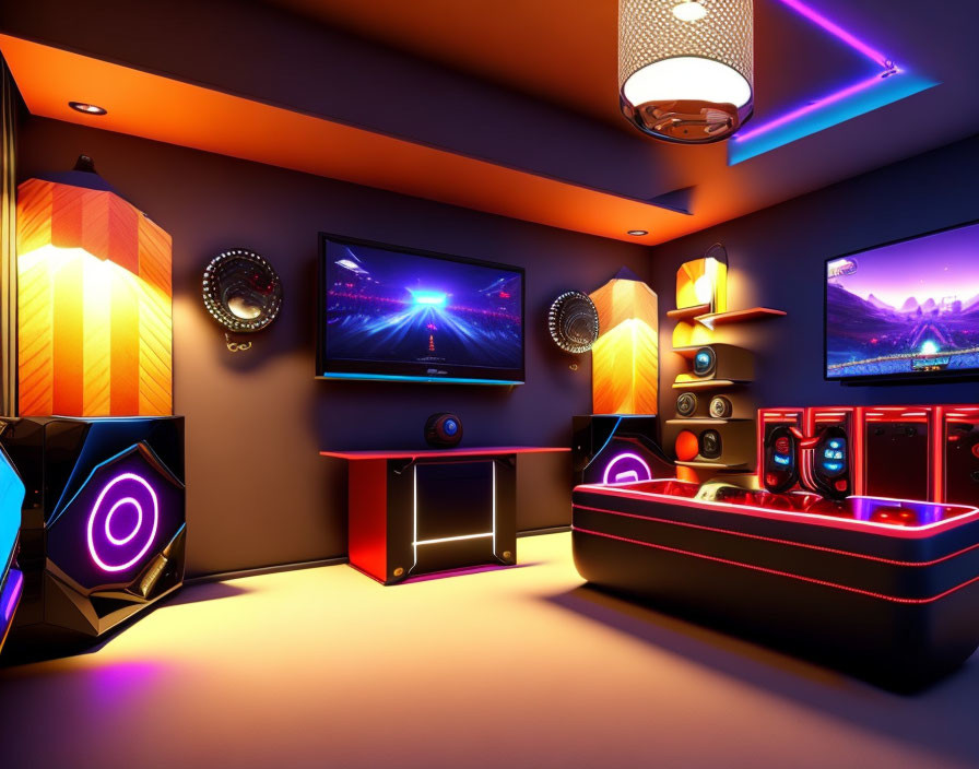 Modern gaming setup with neon lights, multiple monitors, red and black chair, desk, and speakers.