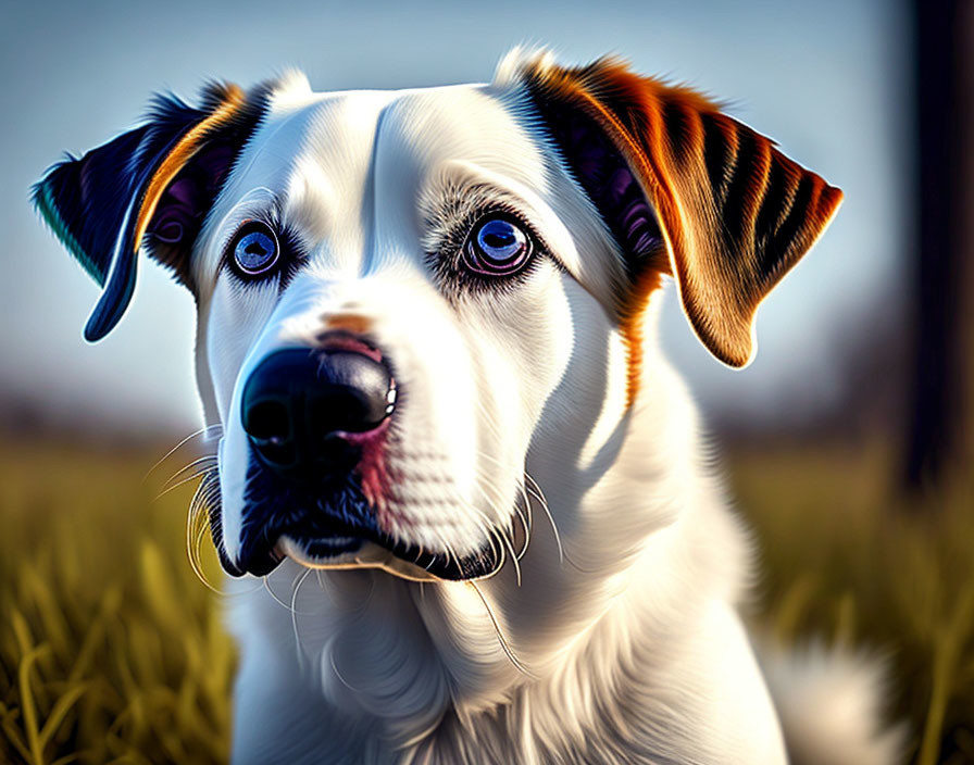 White Dog with Brown and Black Ear Markings in Natural Setting