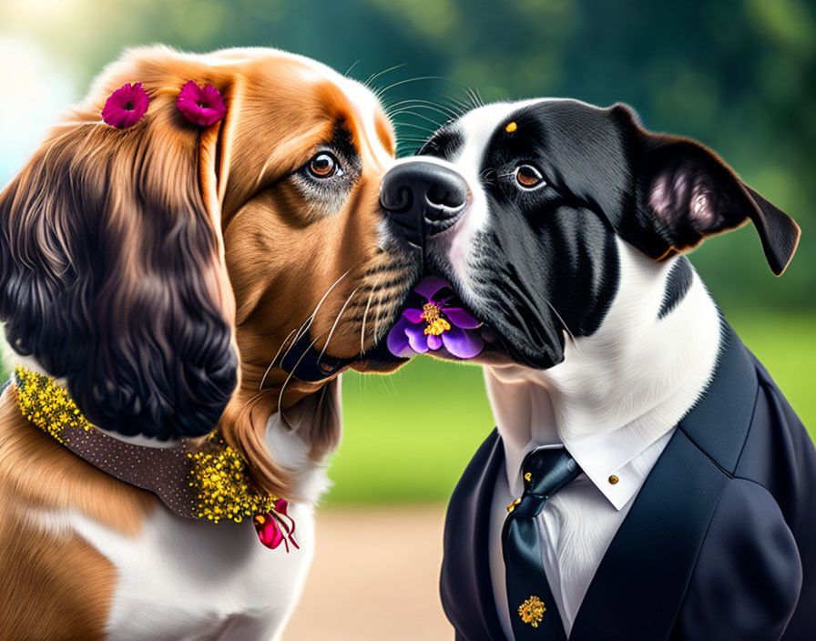 Illustrated Elegant Dogs in Flower Outfits and Bow Tie Suit Sharing Flower