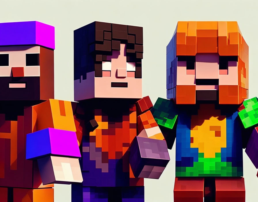 Pixelated Minecraft-style characters in colorful attire standing together