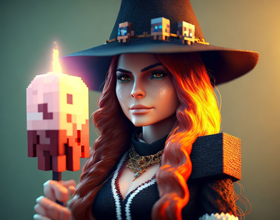 Fiery orange-haired woman in witch hat and cloak with pixelated torch