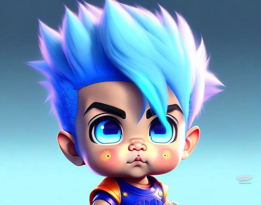 Bright blue spiky hair, big eyes, and orange stars character.