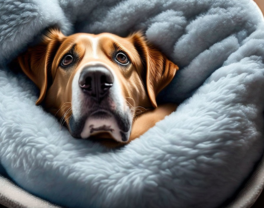 Brown Dog Wrapped in Soft Blue-Gray Blanket with Soulful Eyes