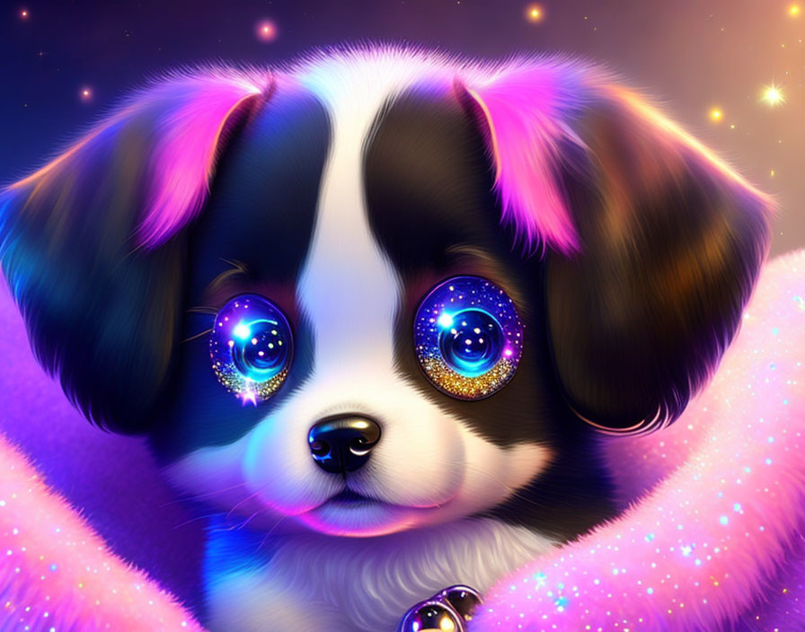 Stylized cute puppy illustration with sparkling eyes and colorful accents