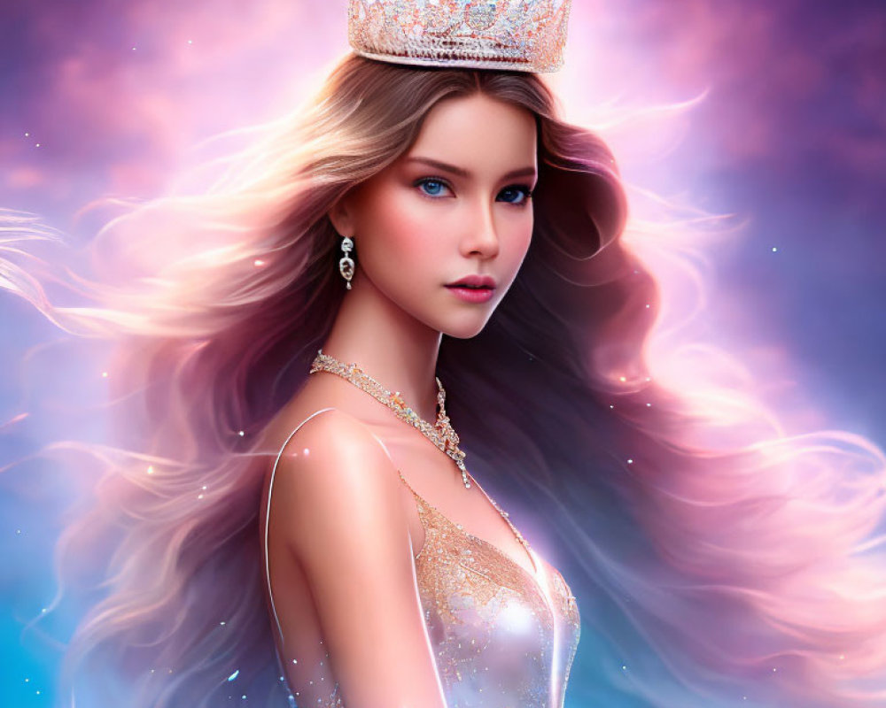 Ethereal digital artwork of woman with flowing hair and crown against cosmic backdrop