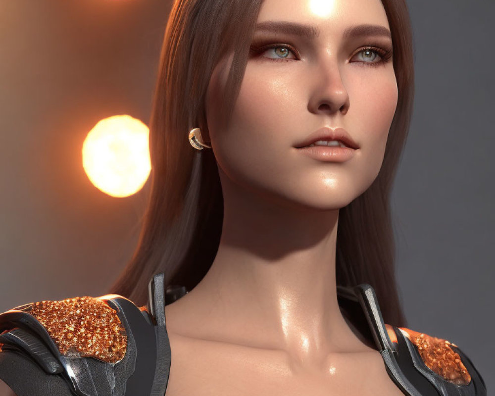 Brown-haired woman in futuristic armor, 3D portrait under warm light