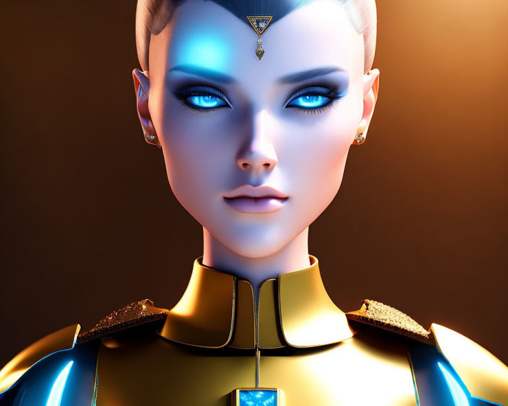 Futuristic female android with gold and blue design and luminous blue eyes