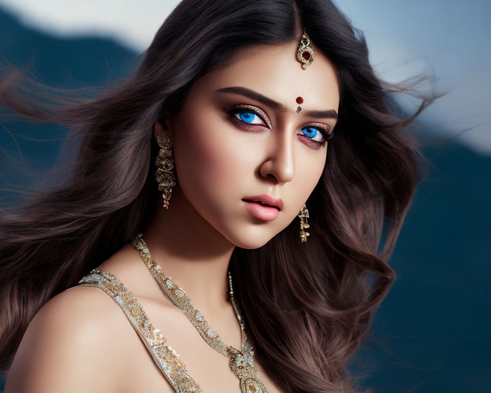 Traditional Indian jewelry adorns woman with striking blue eyes