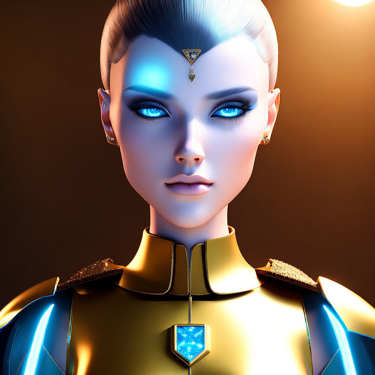 Futuristic female android with gold and blue design and luminous blue eyes