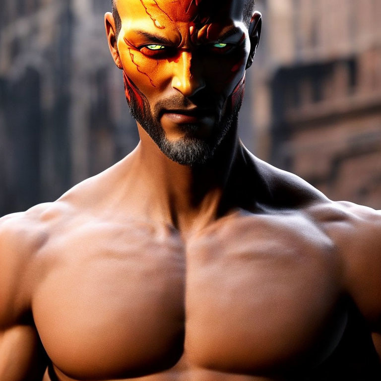 Shirtless male figure with fiery face paint and intense eyes