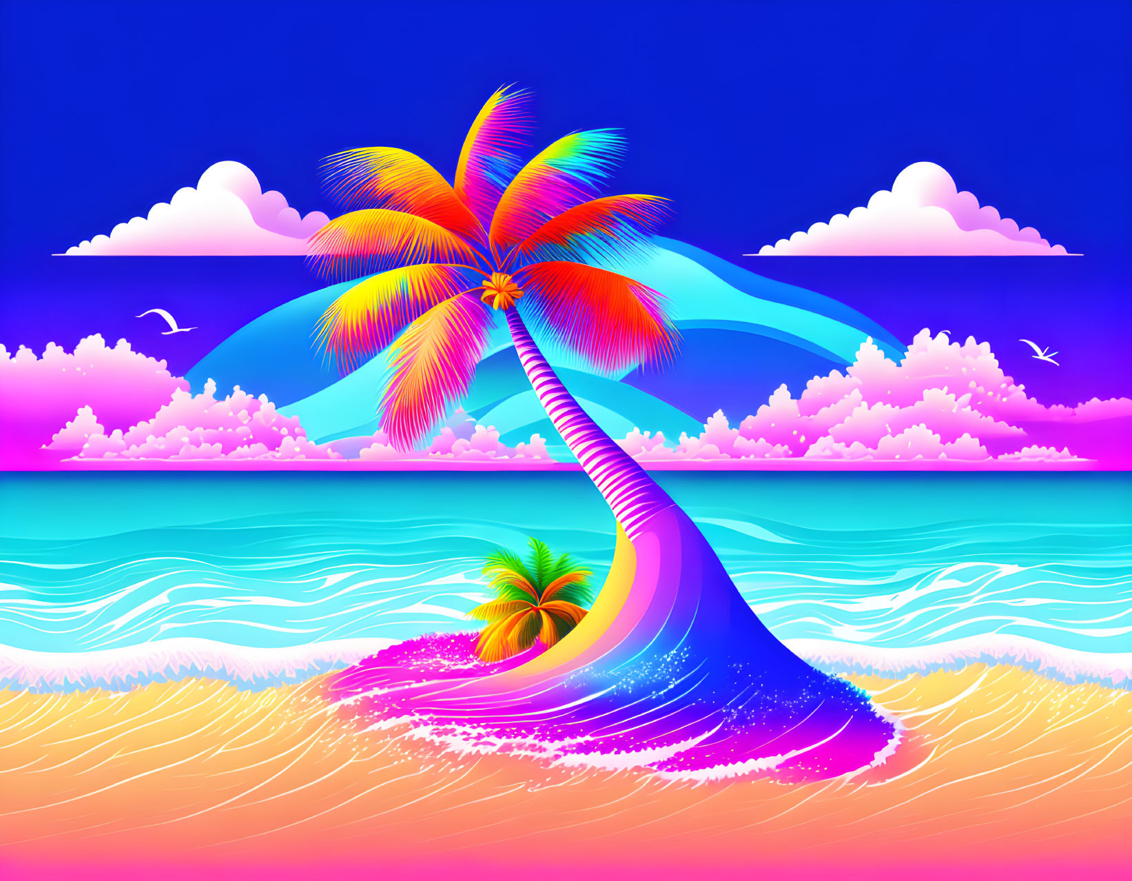 Colorful surreal beach scene with palm tree, mirrored island, and flying seagulls