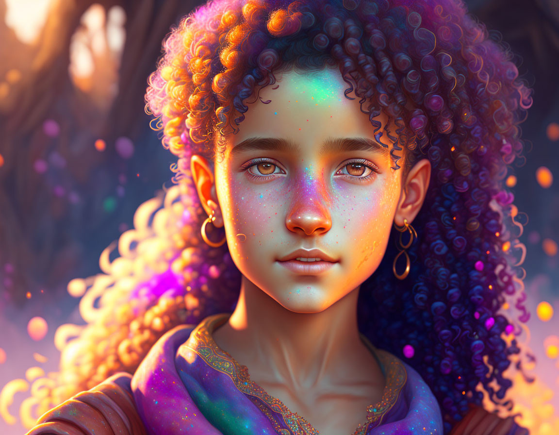 Vibrant digital portrait of young girl with curly hair and green eyes