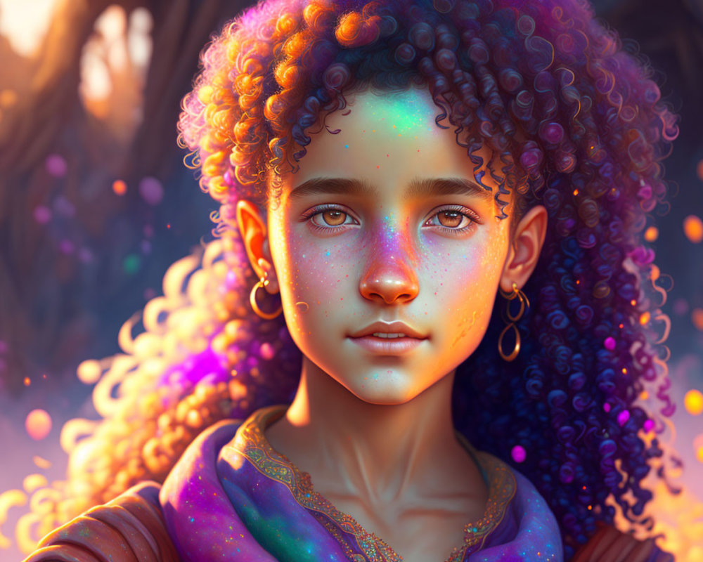 Vibrant digital portrait of young girl with curly hair and green eyes