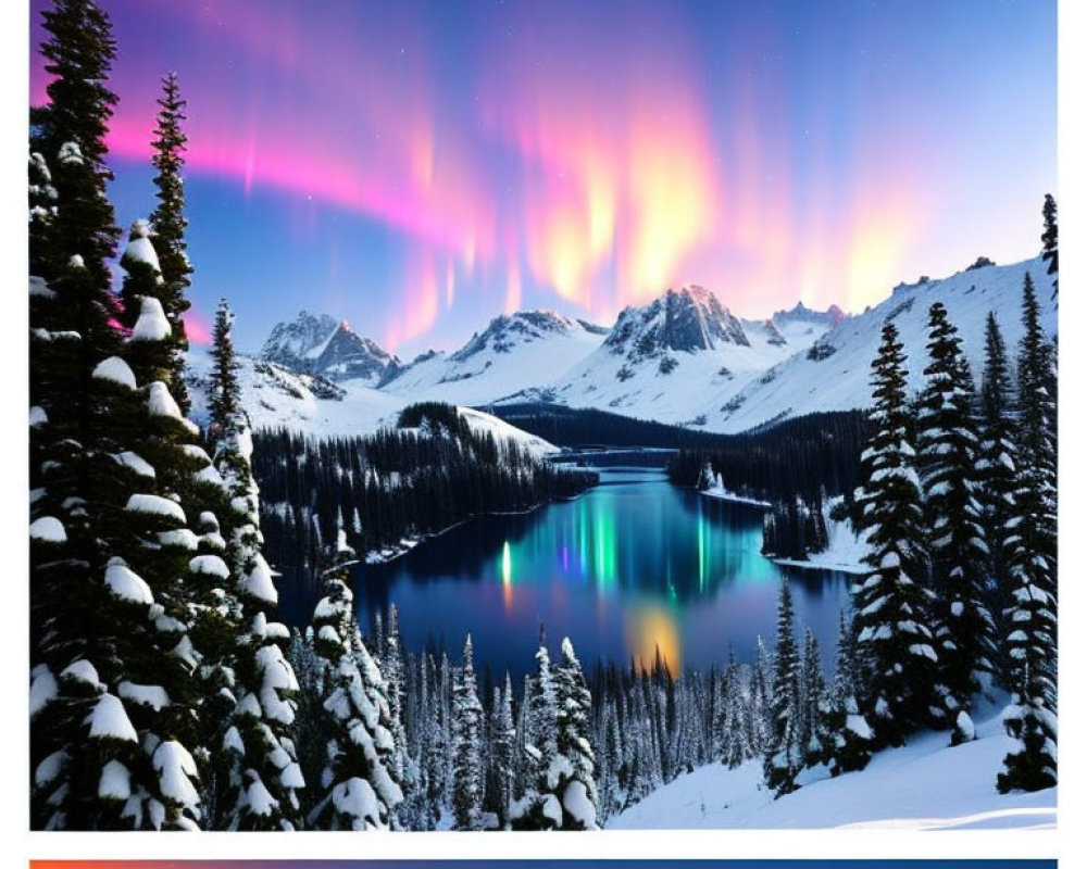 Northern lights dance over snowy landscape with evergreen trees and mountain lake at twilight