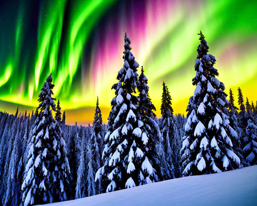 Colorful Aurora Borealis Over Snowy Pine Trees