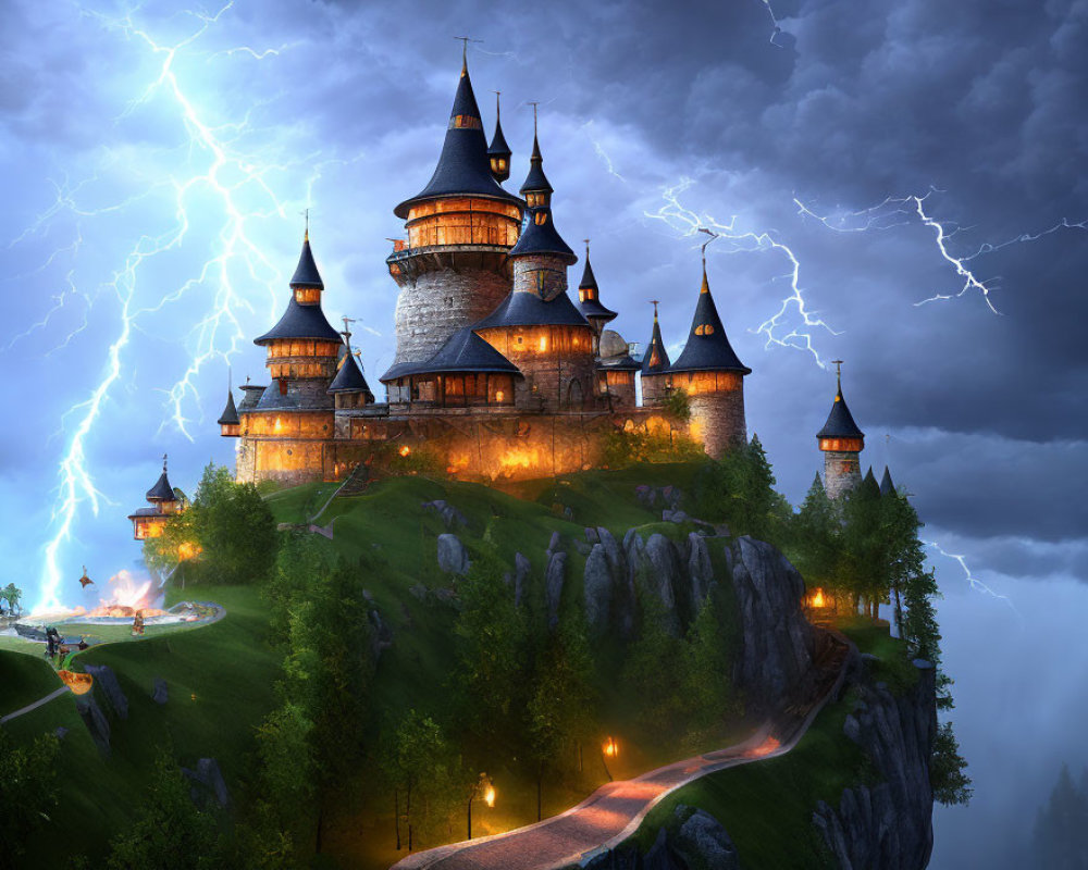 Fantasy castle on cliff with lightning in stormy sky