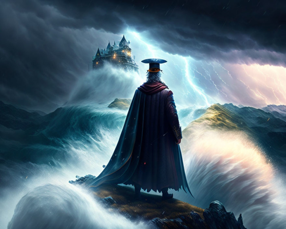 Cloaked figure on rocky cliff facing stormy sea with distant castle in lightning.