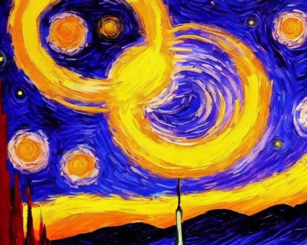 Colorful painting of swirling blue and yellow sky with stars, moon, and town silhouette