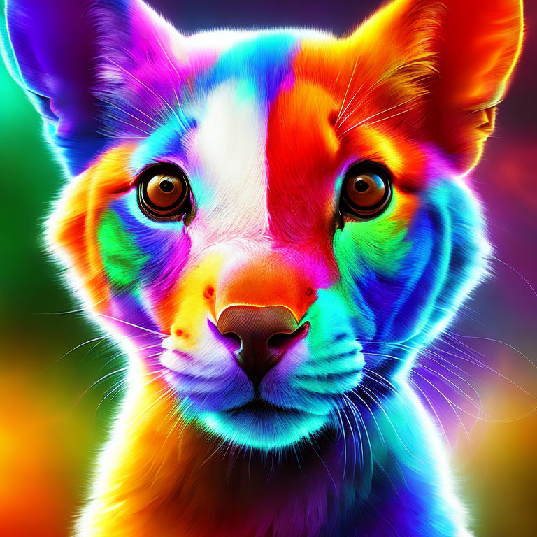 Colorful Digital Artwork: Canine with Rainbow Fur and Human-like Eyes