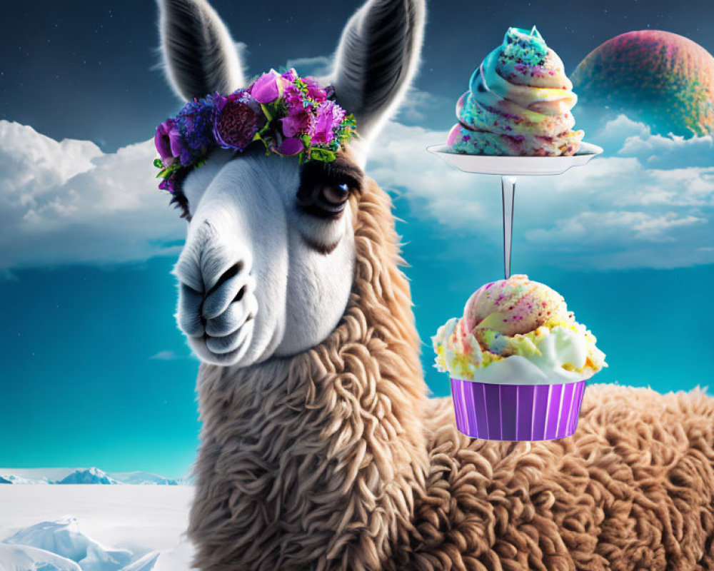 Whimsical llama with floral crown balancing ice cream cones in snowy landscape